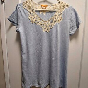 JOE FRESH Women's 100% Cotton Cap Sleeves Tee w/Ivory Lace Trim Neckline - Blue